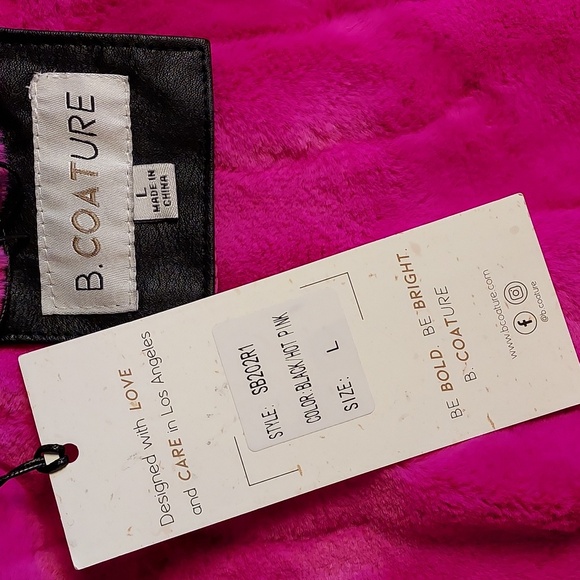B. Coature NWT Black & Hot Pink Faux Fur Cropped Bomber Moto Jacket Size L - Picture 6 of 8